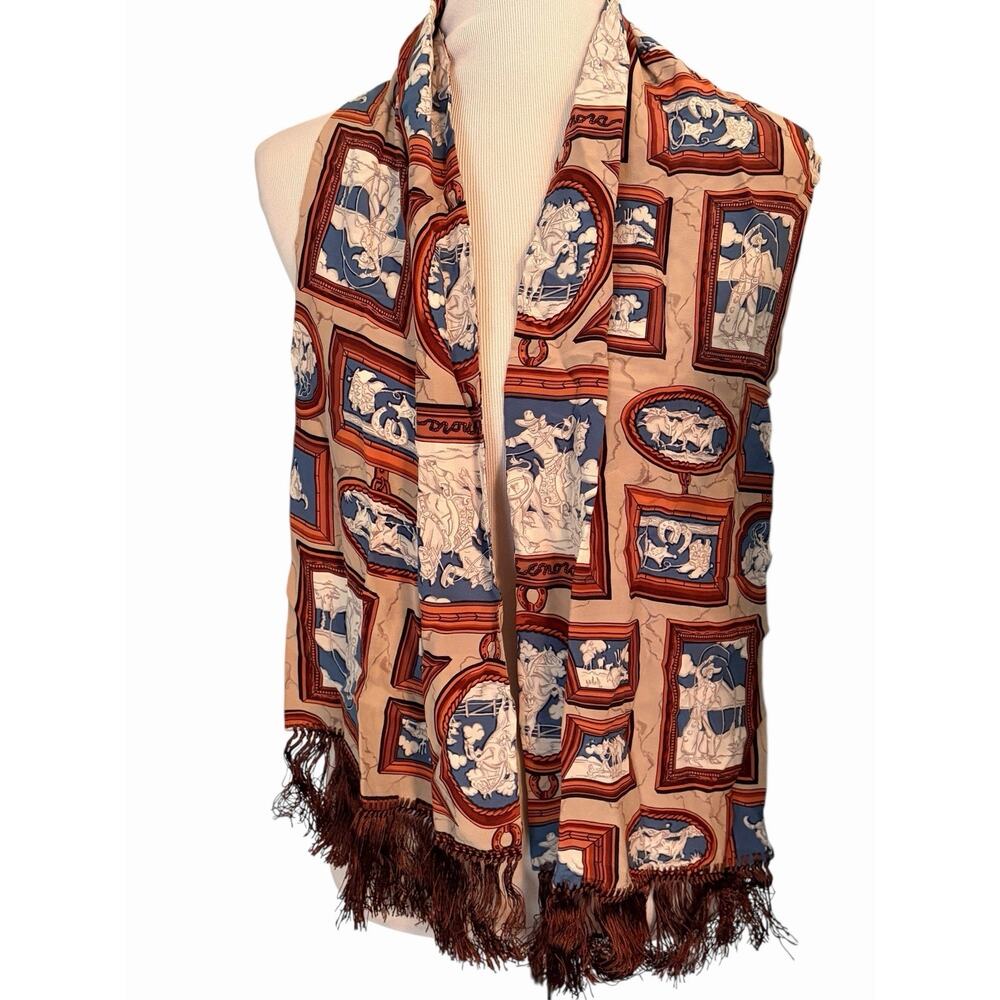 Nick and Nora 100% Silk Scarf Fringed Western Cowboy Horse 60"x10" Brown RARE
